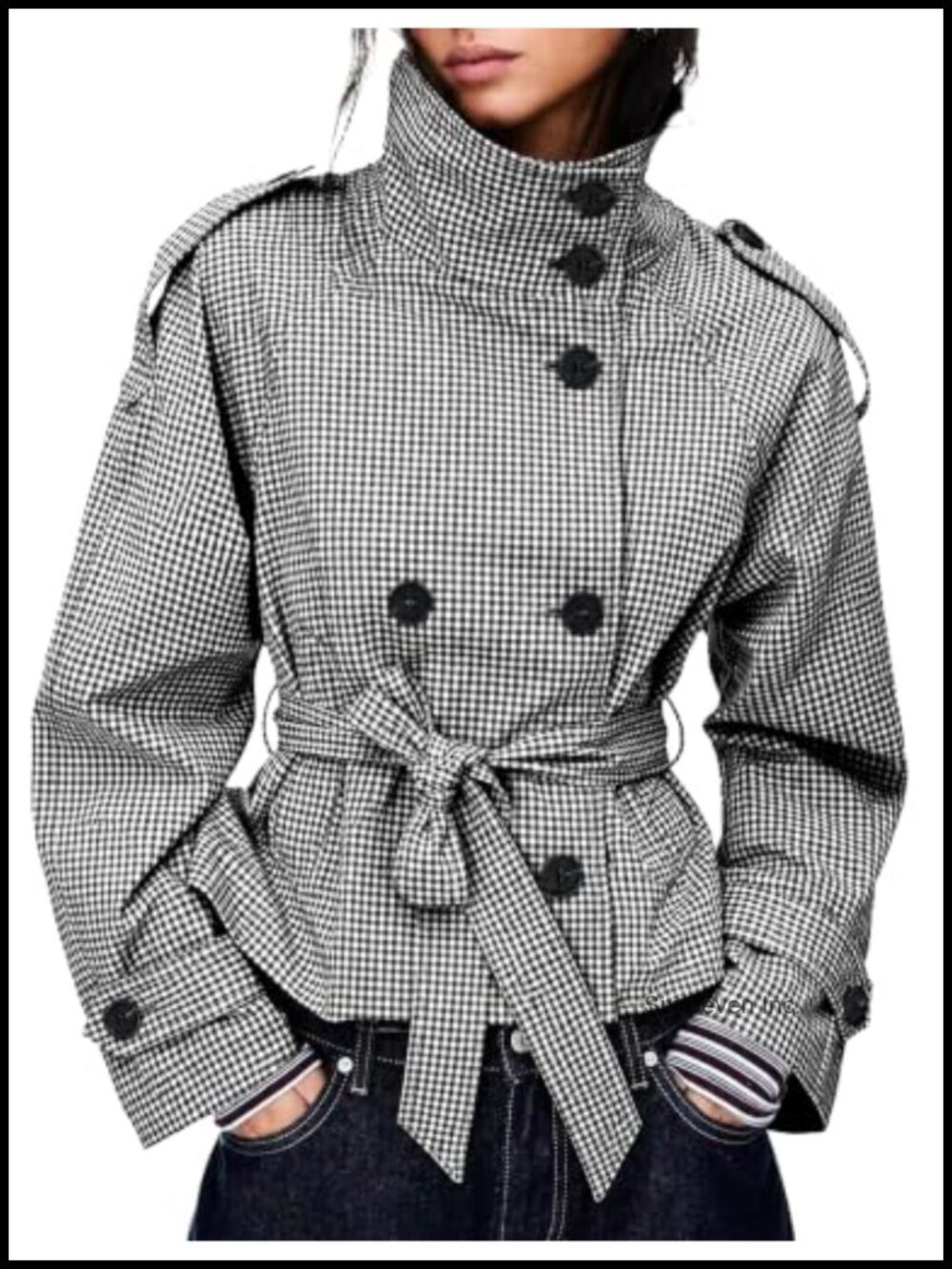 Women's Gingham Trench Coat Double Breasted Short Jacket